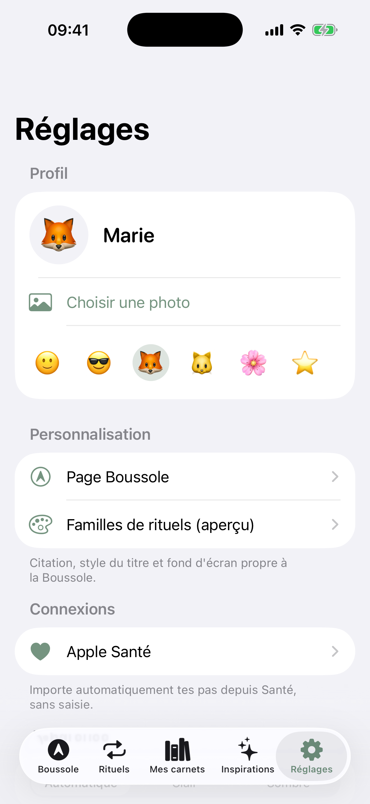 Écran Réglages de Bulle
